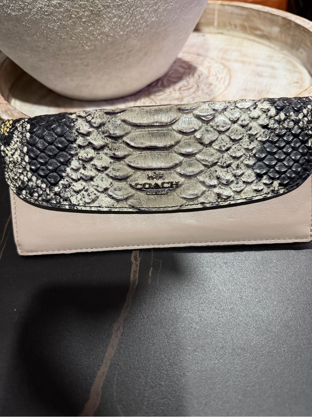 Coach Pink Leather Wallet with Black and Cream Snake-Embossed Flap
